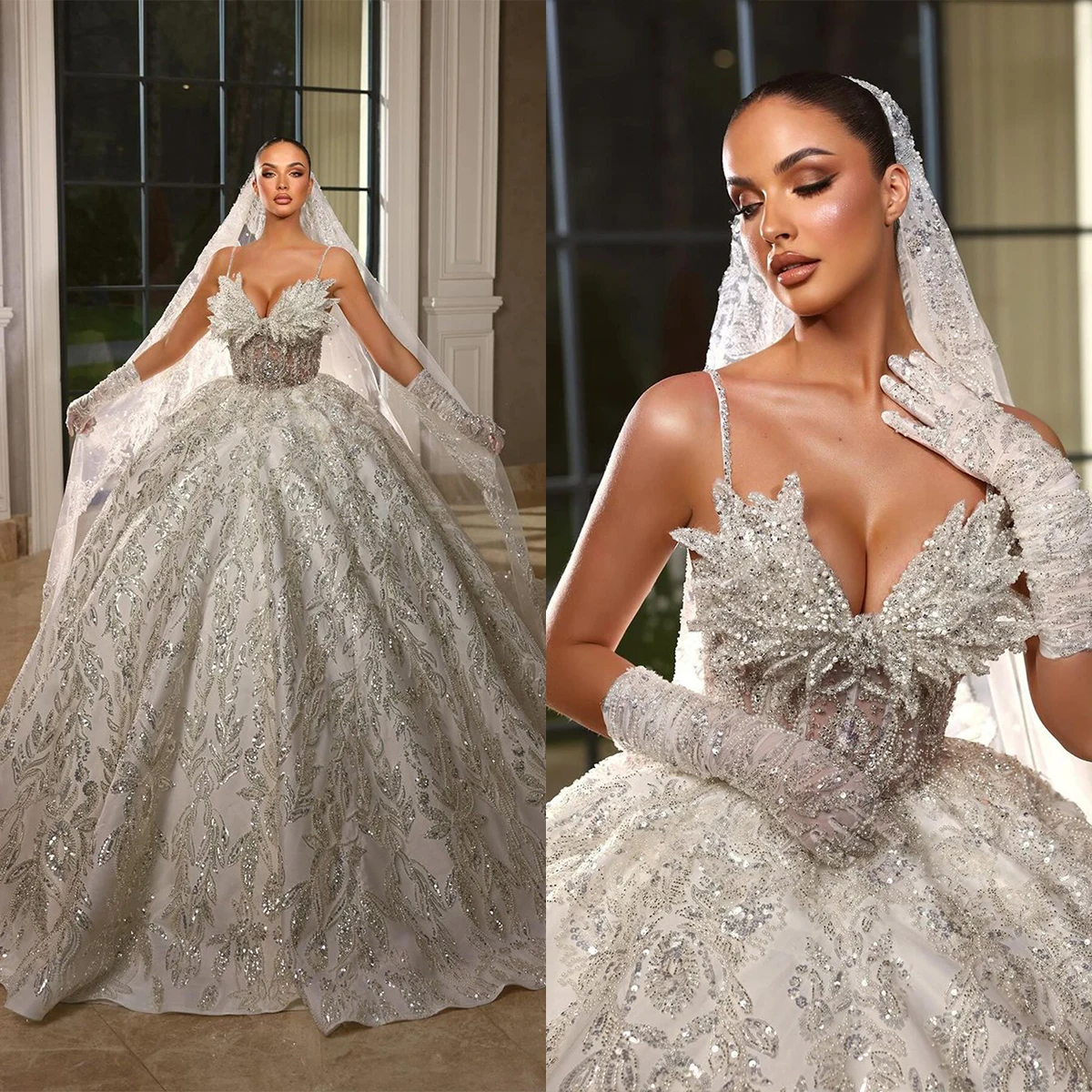 

Gorgeous Wedding Dresses Beads Sequins Appliques Lace Ball Bridal Gowns Custom Made Sexy Spaghetti Straps Sweep Train Robe