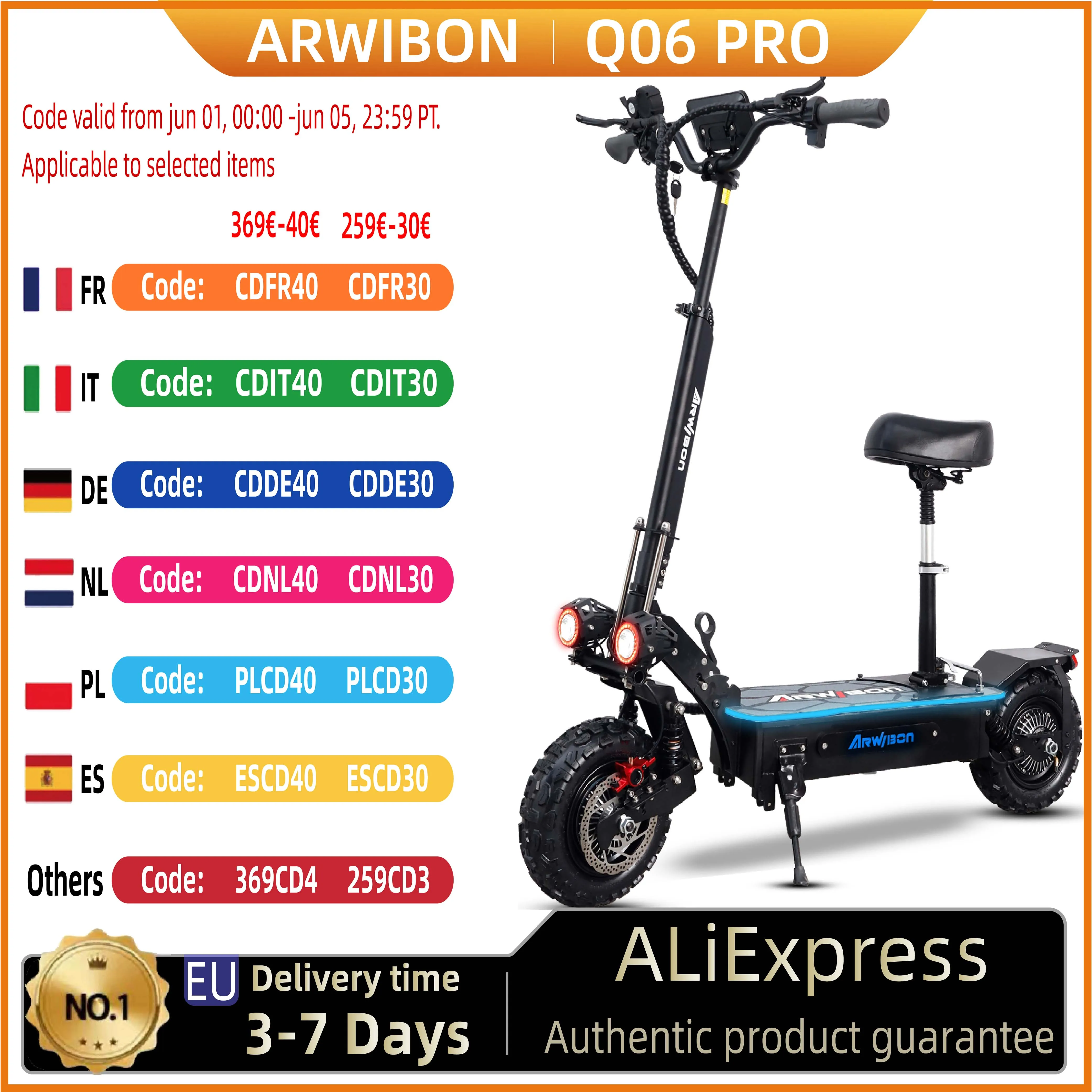 ARWIBON Q06Pro Elektroroller 2800 W*2 Dualer leistungsstarker Motor 11" Offroad-Reifen 60 V 55-75