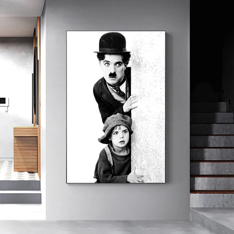 Black White Graffiti Art Charlie Chaplin and A Boy Movie Posters Canvas Painting Wall Art Prints Living Room Home Decor Hanging