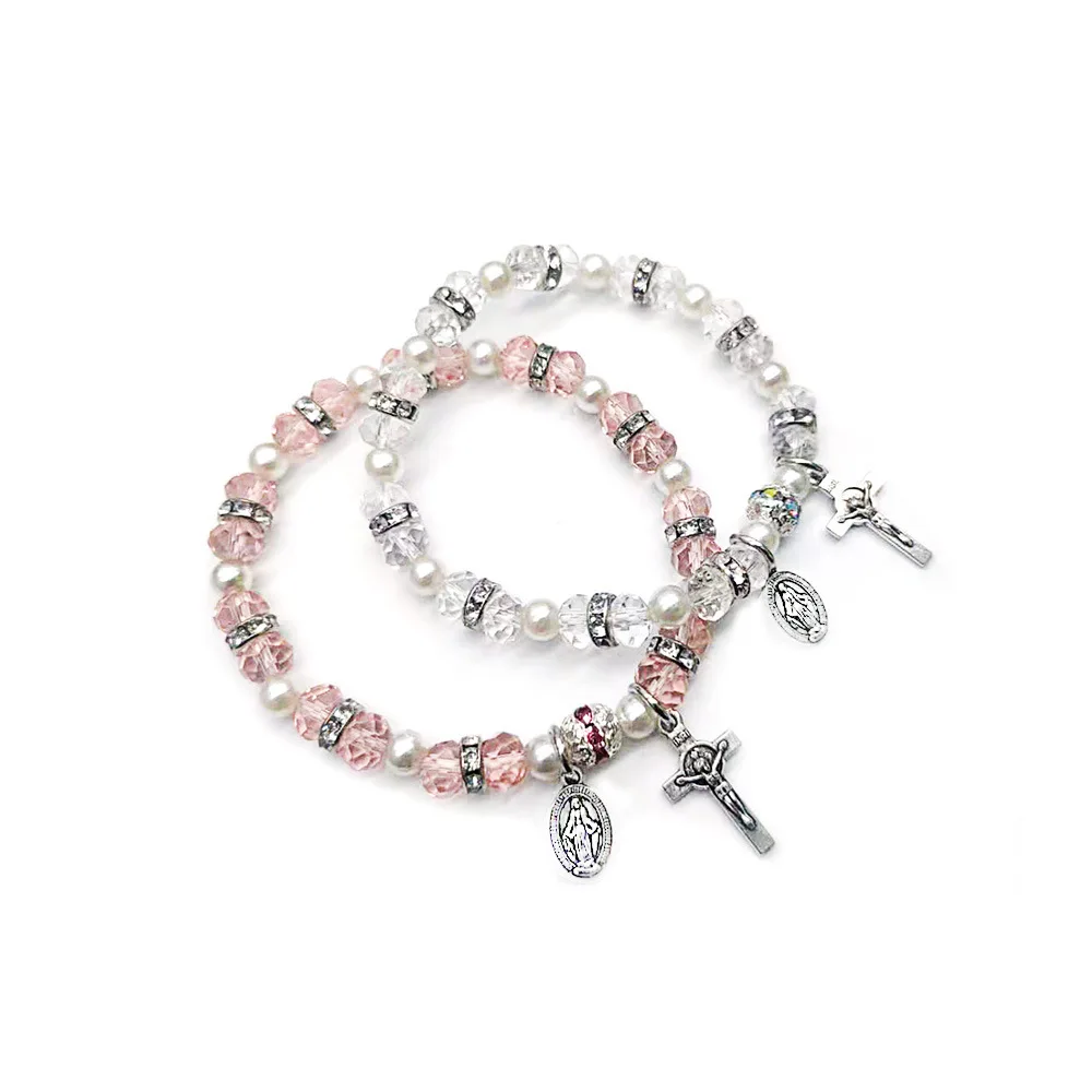 3 Colors Vintage Catholic Jesus Cross Charms Bracelet Crystal Beaded Stretch Bracelets For Women Men Jewelry Religious Gifts