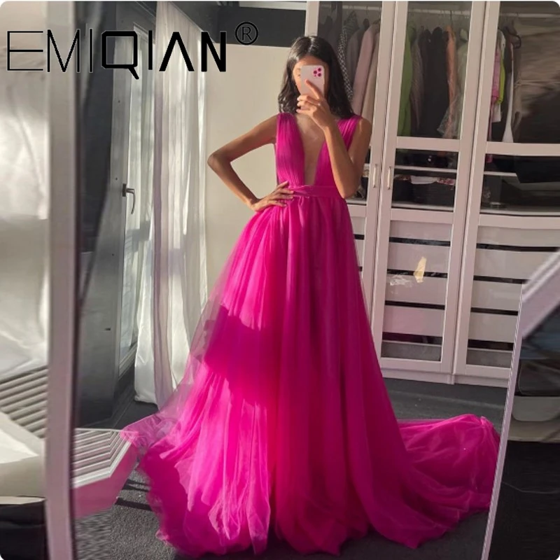 Elegant Fuchsia Tulle A Line Prom Dresses Sexy Deep V Neck Open Back Long Evening Dress