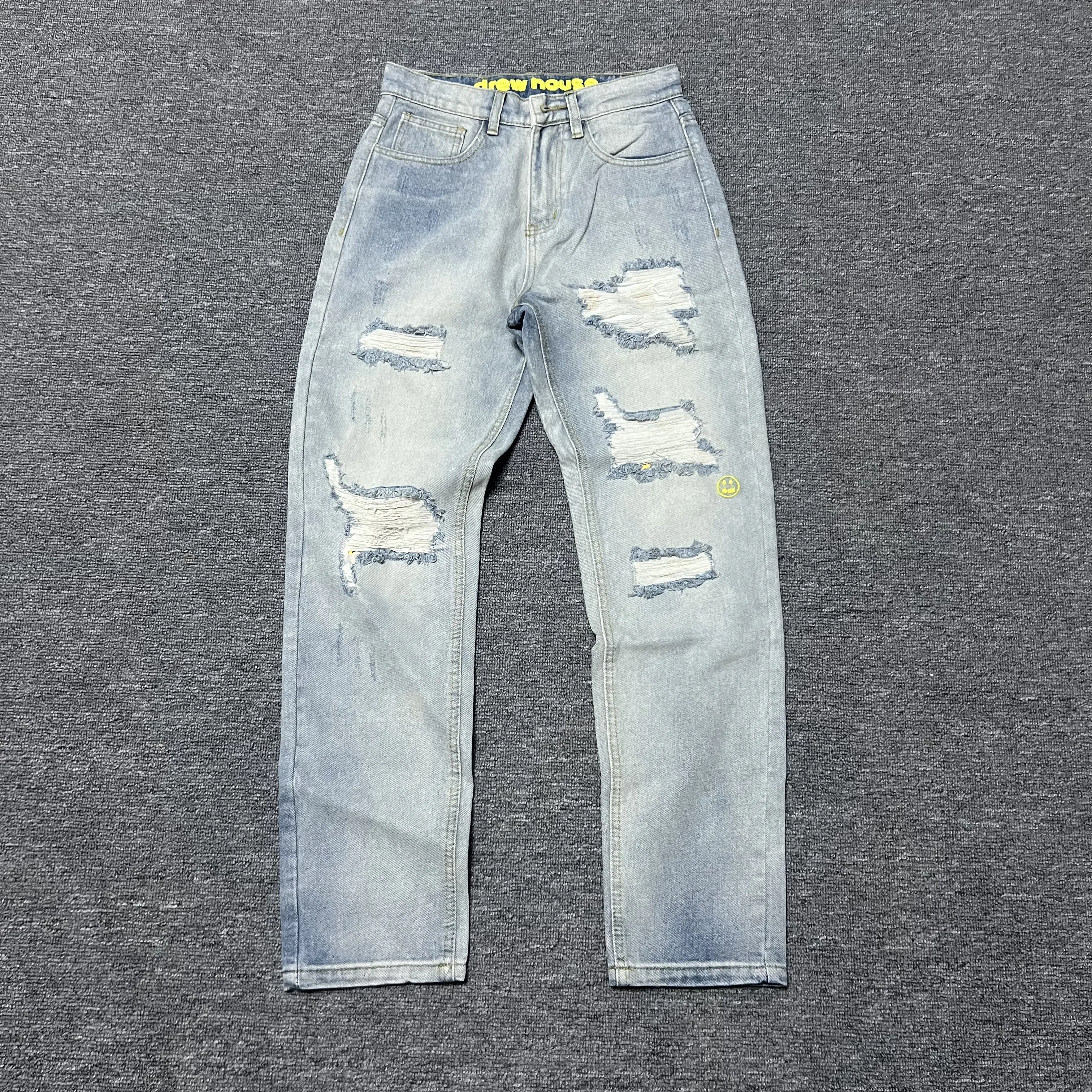 Drew House Men Crystal Holes Ripped Patchwork Jeans Streetwear Light Blue Denim Slim Skinny Pencil Pants Trousers