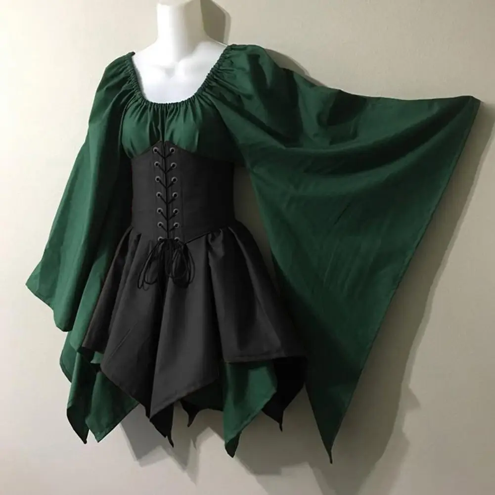 فستان نسائي بأكمام طويلة من القرون الوسطى عتيق زي قزم الجنية بأكمام جرس وخصر عتيق فستان نسائي مرقع لجميع القديسين