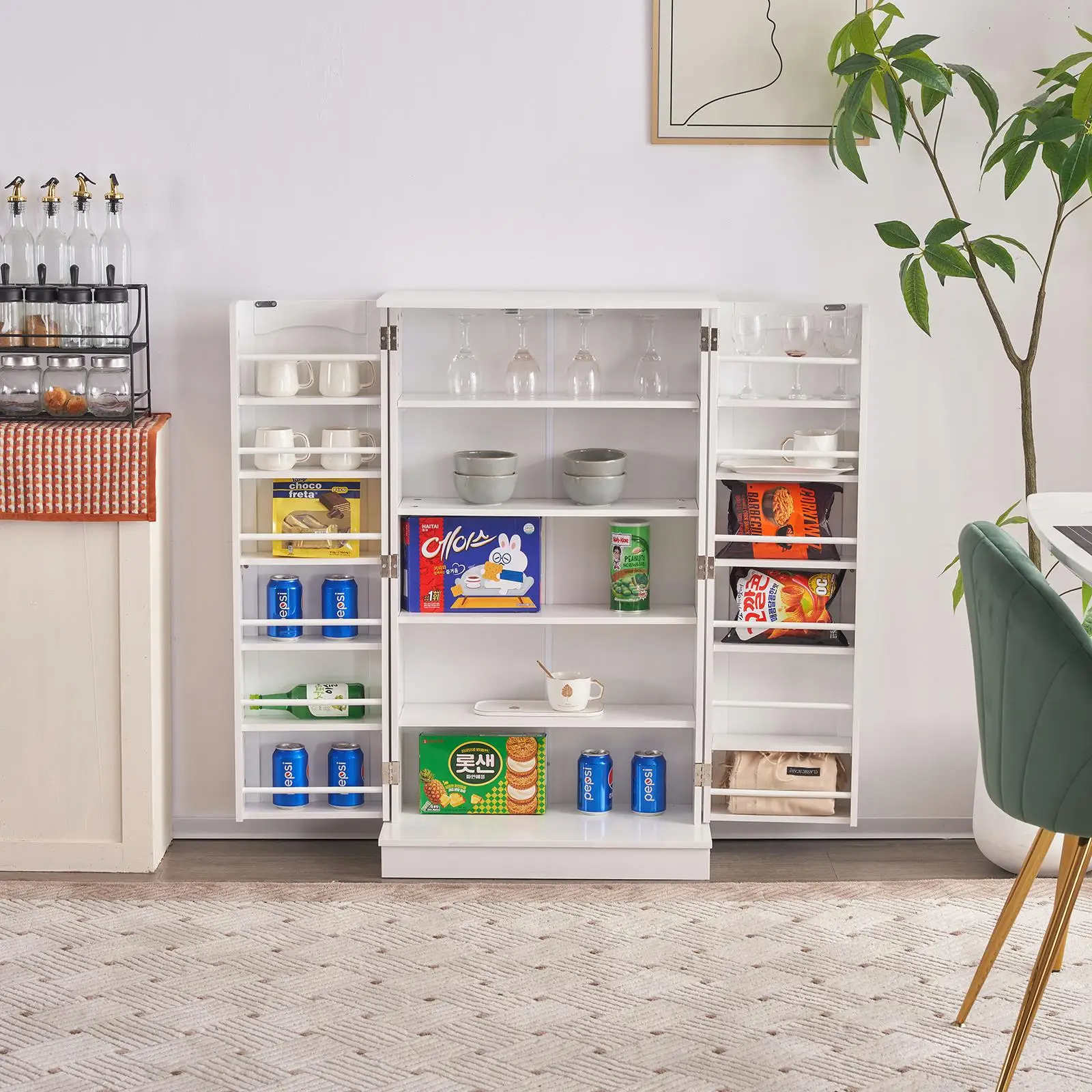 

103.5x60x30cm Adjustable White Sideboard Cabinet with Triamine Shelves & Door