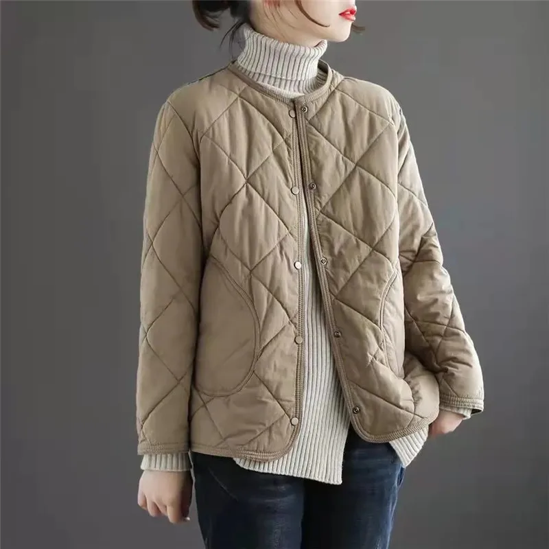Round Neck Short Light Cotton-Padded Jacket  Women's Cotton Clothes Coat 2025 Autumn Winter New Retro Loose Casual Outerwear