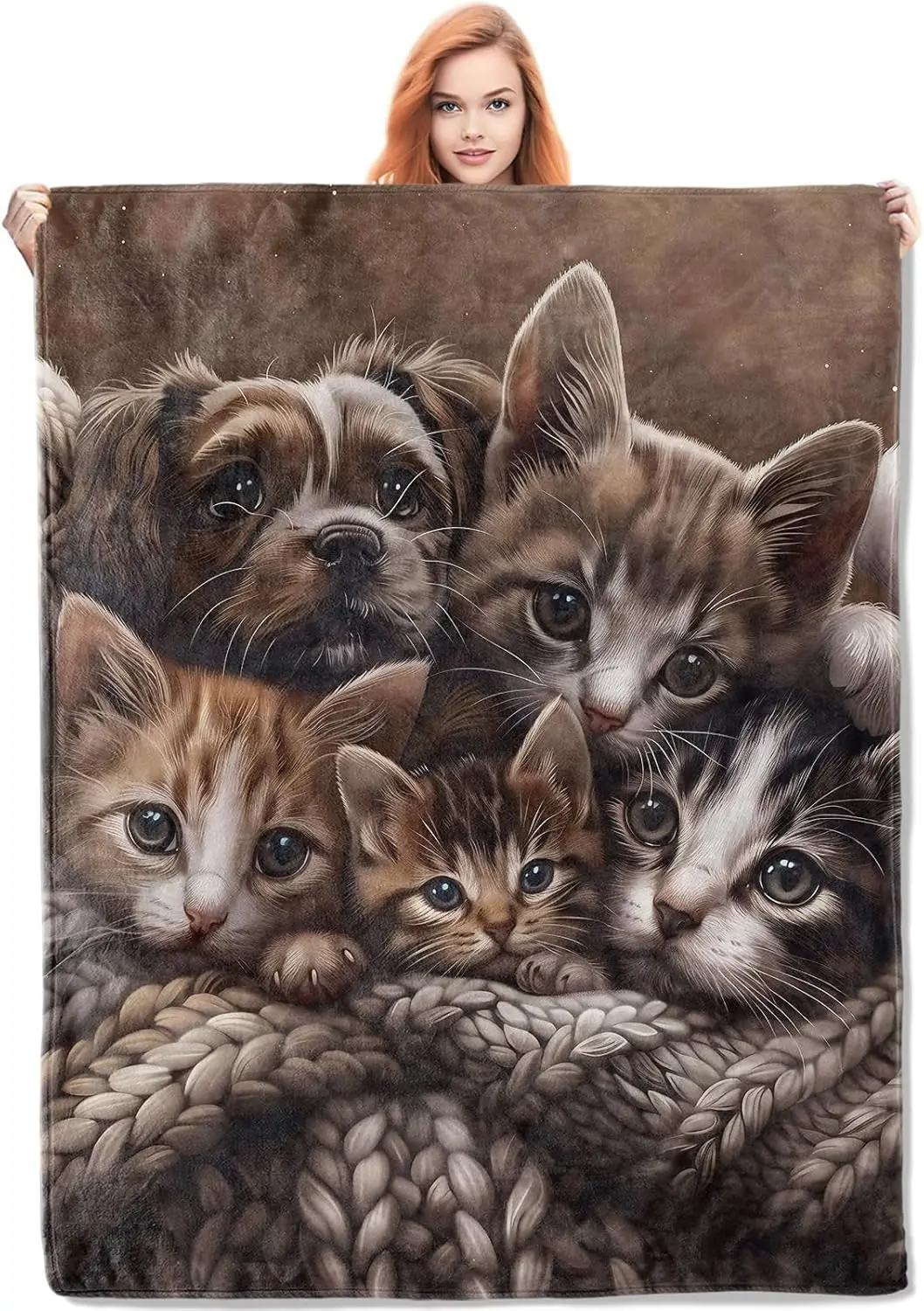Cuddly Kittens and Puppy Blanket Gifts for Women,Cat and Dog Flannel Blanket, Soft Warm Lightweight Throw Blankets for Bed Couch