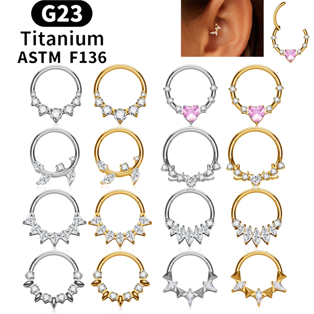 

ASTM F136 Titanium CZ Heart Daith Earring Hoop 16G Hinged Segment Nose Ring Septum Clicker Helix Cartilage Piercing Body Jewelry