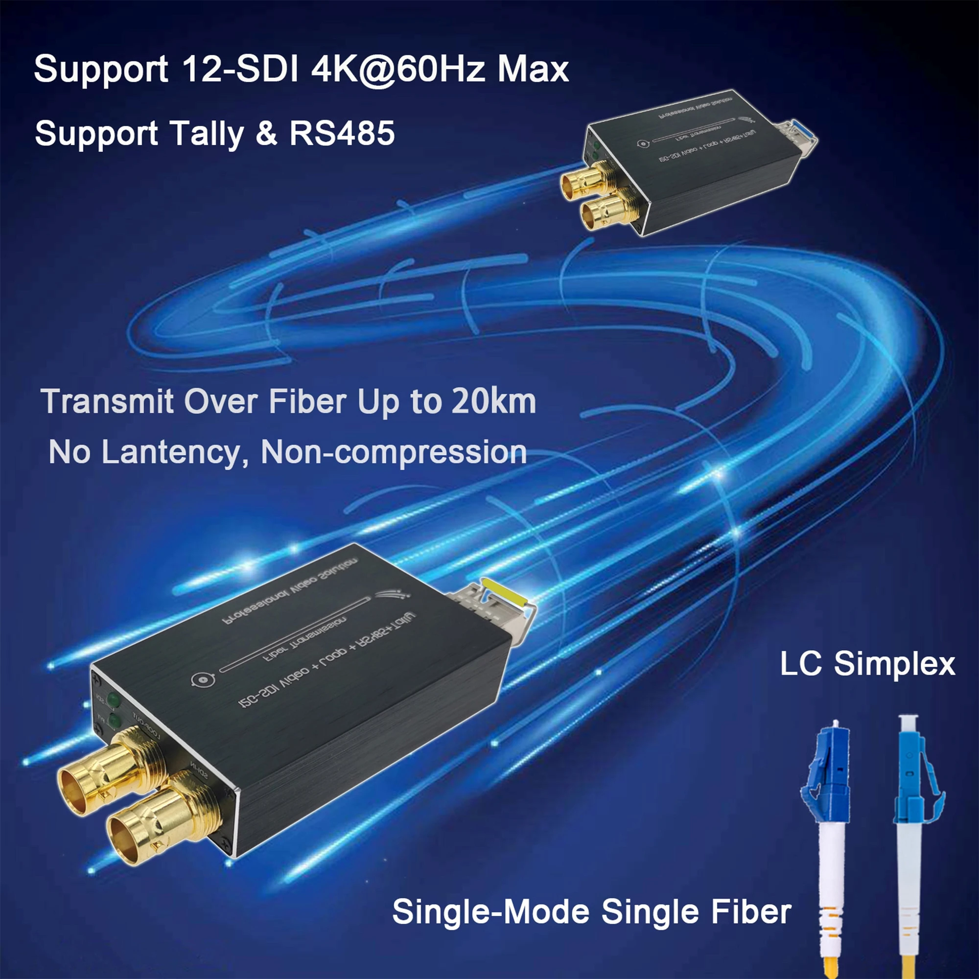 Mini 12G SDI over Fiber Converter, up to 20km over single mode fiber, with RS485, Tally, Loop Output