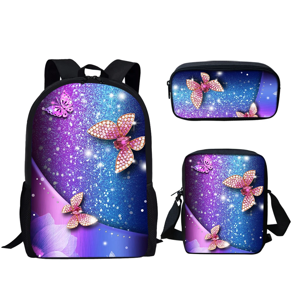 Purple Butterfly Moon Print 3Pcs Student School Bag Lunch Bag Pencil Bag for Teenager Boys Girls Casual Backpack Travel Rucksack