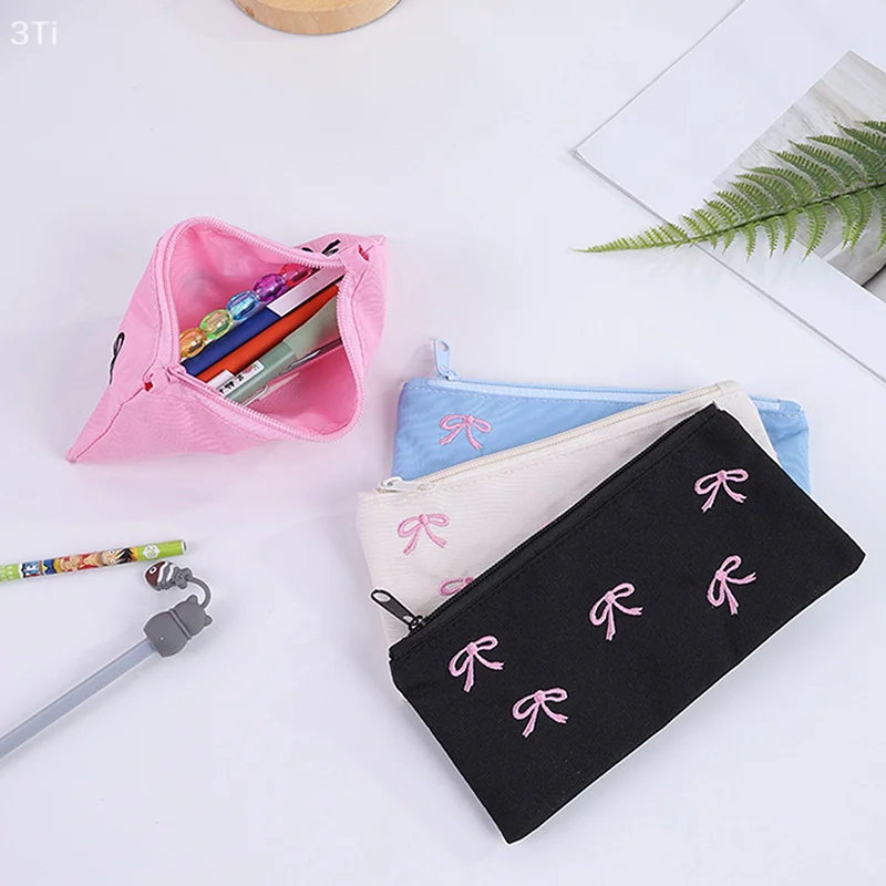 Cute Sweet Bow Pen Case Cosmetic Bag Girl Portable Coin Purse Sanitary Bag Portable Sundries Storage Bag Student Stationery Gift