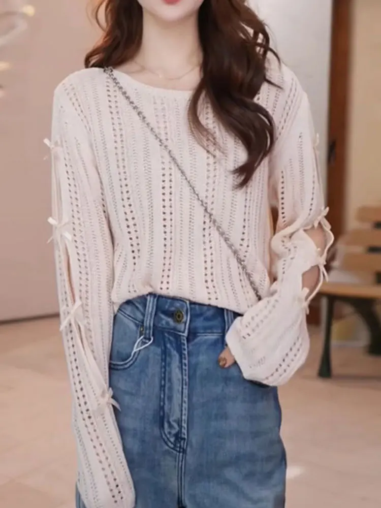 

Ele Knot Hollow Knitted Pure Color round Ne Lazy Sle Early Autumn Top Commuting Women Long Sve Sweater