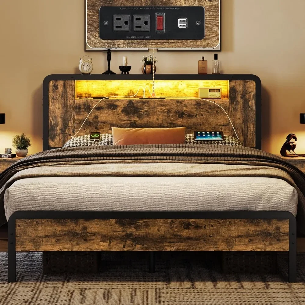 Full/Queen size Bed Frame Metal Bed with Wooden Headboard/Footboard, Storage Space and Adjustable LED Light, Mattress Foundation