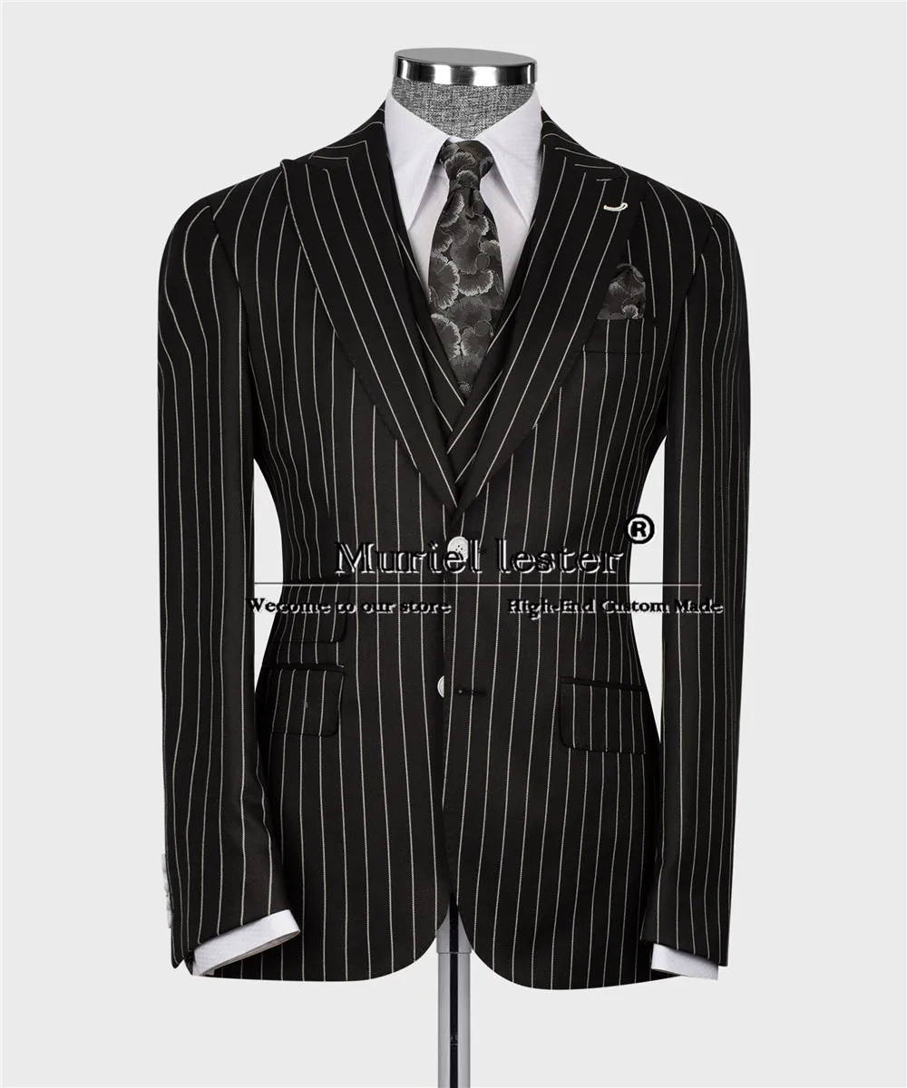 Black Striped Suits Men Business Banquet Party Single Breasted Jacket Vest Pants 3 Pieces Bridegroom Tuxedo Tailored Made Dress