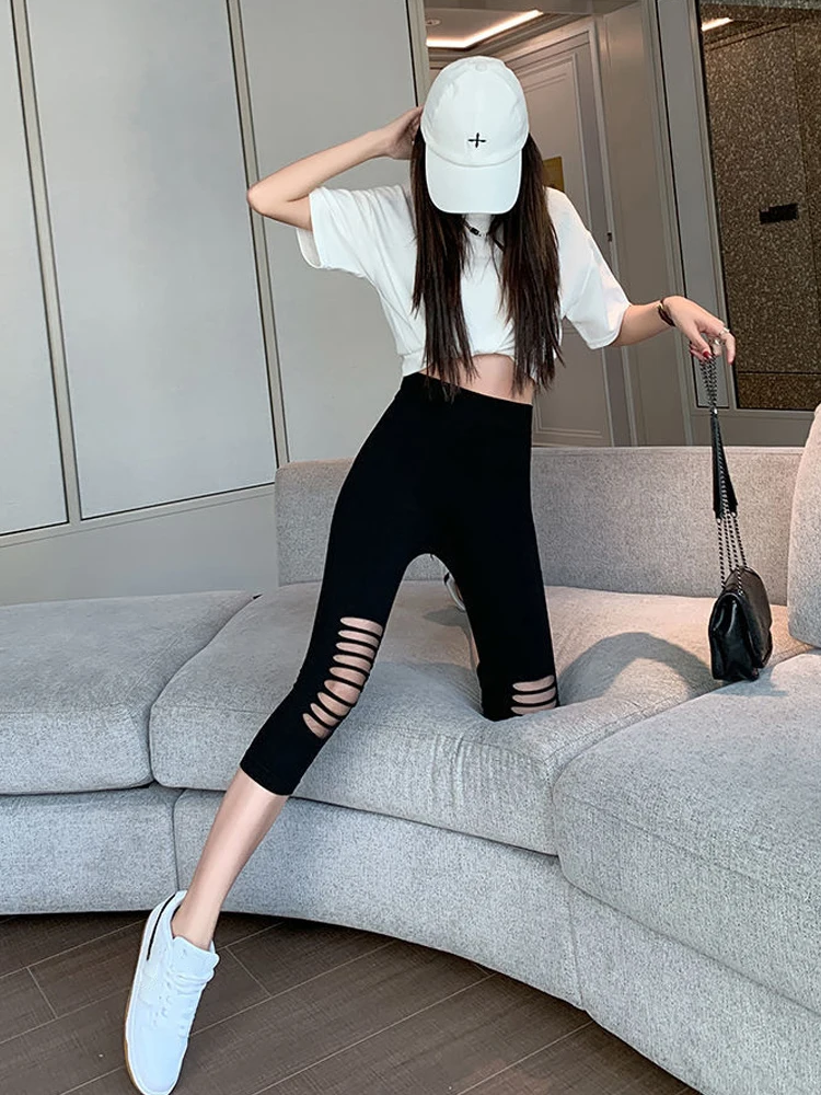 ハイウエストメッシュ下着パンツ女性の夏薄い大きいサイズ 200 ポンド 7/8 長さのズボンカジュアル弾性アウターウェア