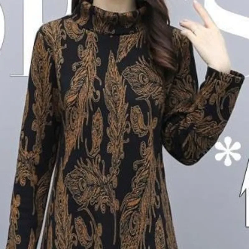 2023 Women's Autumn Winter New Fashion Simple Round Neck Printed Pocket Casual Versatile Long Sleeve Loose Medium Length Dress