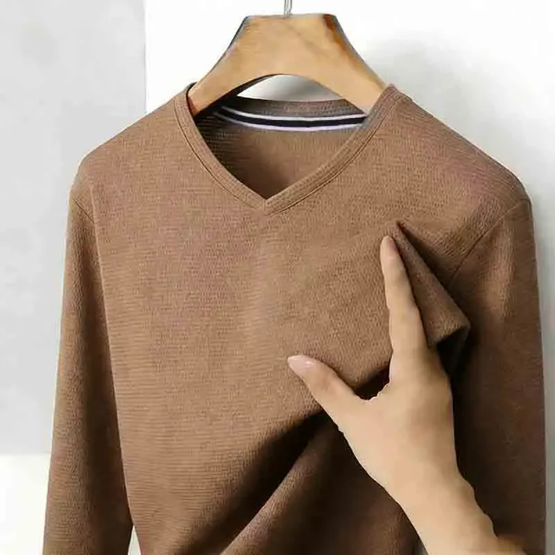 Basic Men's Light Gray V-neck Long Sleeve T-shirt Textured Fabric Casual Top for Everyday Outfits