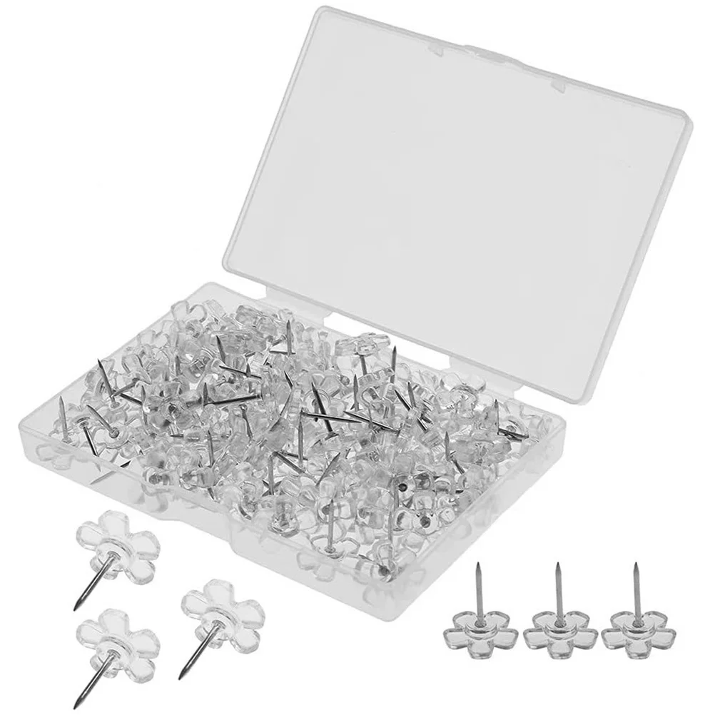 100Pcs Transparent Flower Thumbtacks Plastic Push Pins Office Map Marking Cork Board Fixing Pins Delicate Thumb Tacks