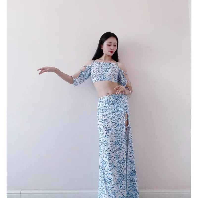 맞춤형 밸리 댄스 의상 오리엔탈 댄스웨어 멋진 작은 꽃 연습 옷 그룹 옷 초보자 피쉬 테일 스커트