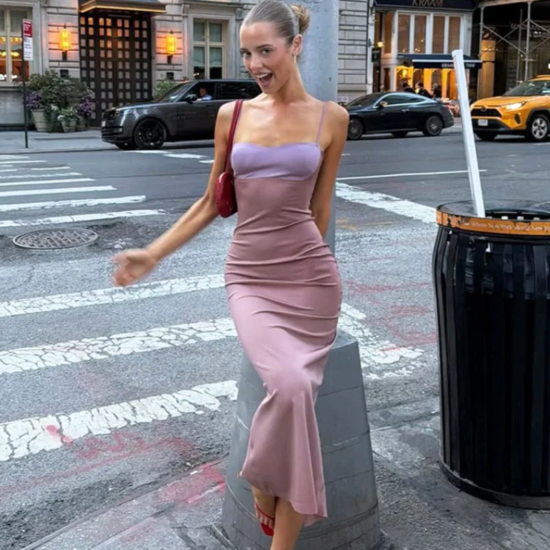 

Ticketsx Sexy Vintage Patchwork Long Dress Summer Contrast Backless Sling Women's Dress Elegant New Streetwear Vacation Vestidos