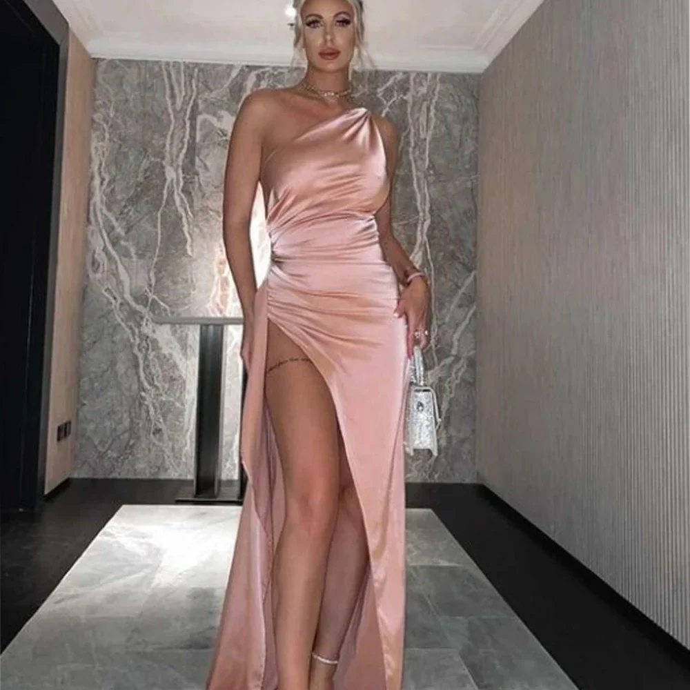 

Customized Elegant Evening Dresses Pleat Column One-shoulder Hi-Lo Dress Formal Exquisite High Quality Prom Party Gown for Women