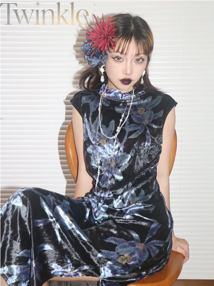 New Chinese Style Blue Velvet Y2K Spicy Girl Chinese Maiden Modified Qipao Dress Long Gown