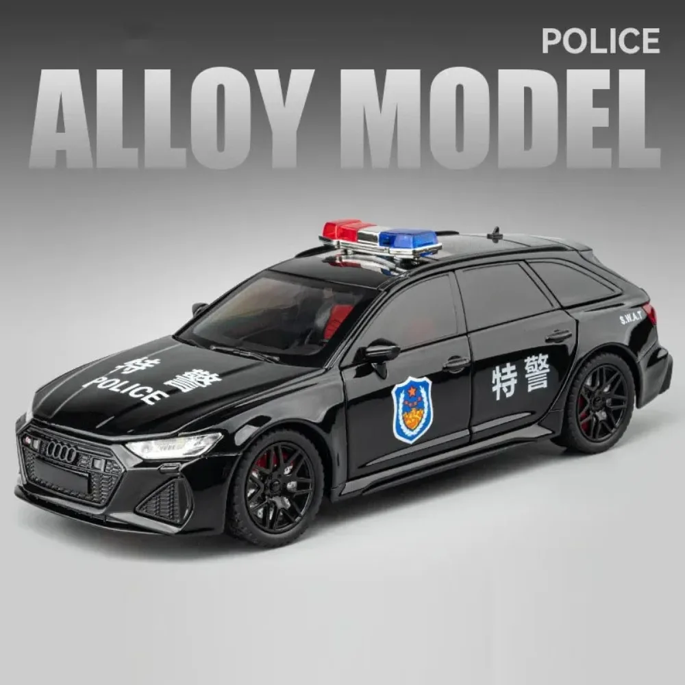 Voitures de Police AUDI RS6, modèles miniatures en alliage moulé sous pression, jouets avec son et lumière, véhicules à tirer pour enfants, cadeaux de Collection, 1:24