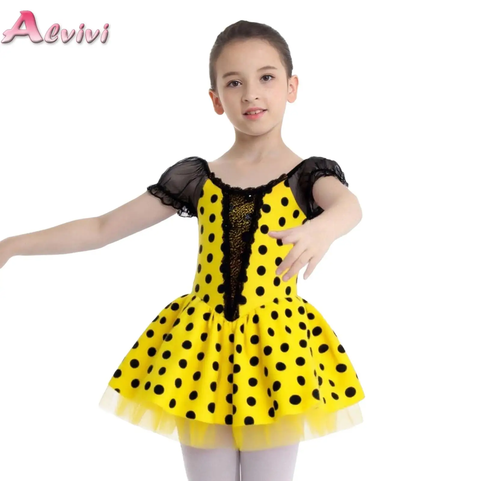 

Ballet Dance Dress for Kids Girls Puff Sleeve Shiny Sequin Dots Tutu Dresses Ballerina Party Stage Performance Costume Dancewear