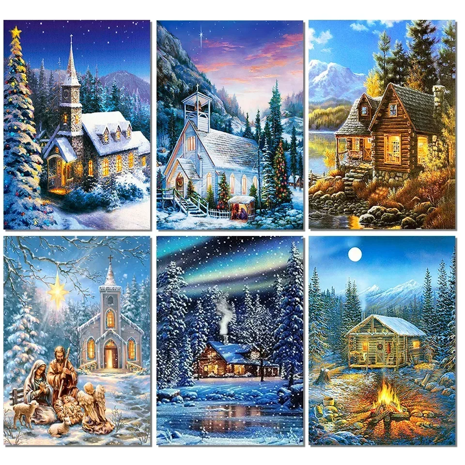 Full Round Diy Diamond Painting Winter Snow House Diamond Mosaic Cross Stitch Landscape Rhinestone Embroidery Home Decoration