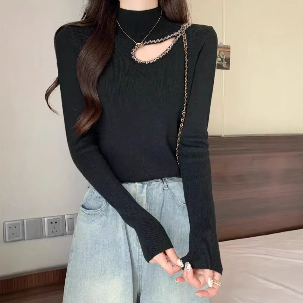 

Fashion Hollow Design Sense Niche Semi Turtleneck Sweater Bottoming Shirt New Foreign Style Knitted Sweater Top Women's Tide 202