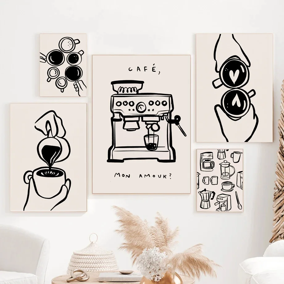 Retro Simple Abstract Black and White Coffee Cafe Poster Canvas Paint Prints Art Pictures Room Home Coffee Shop Wall Decor Gift