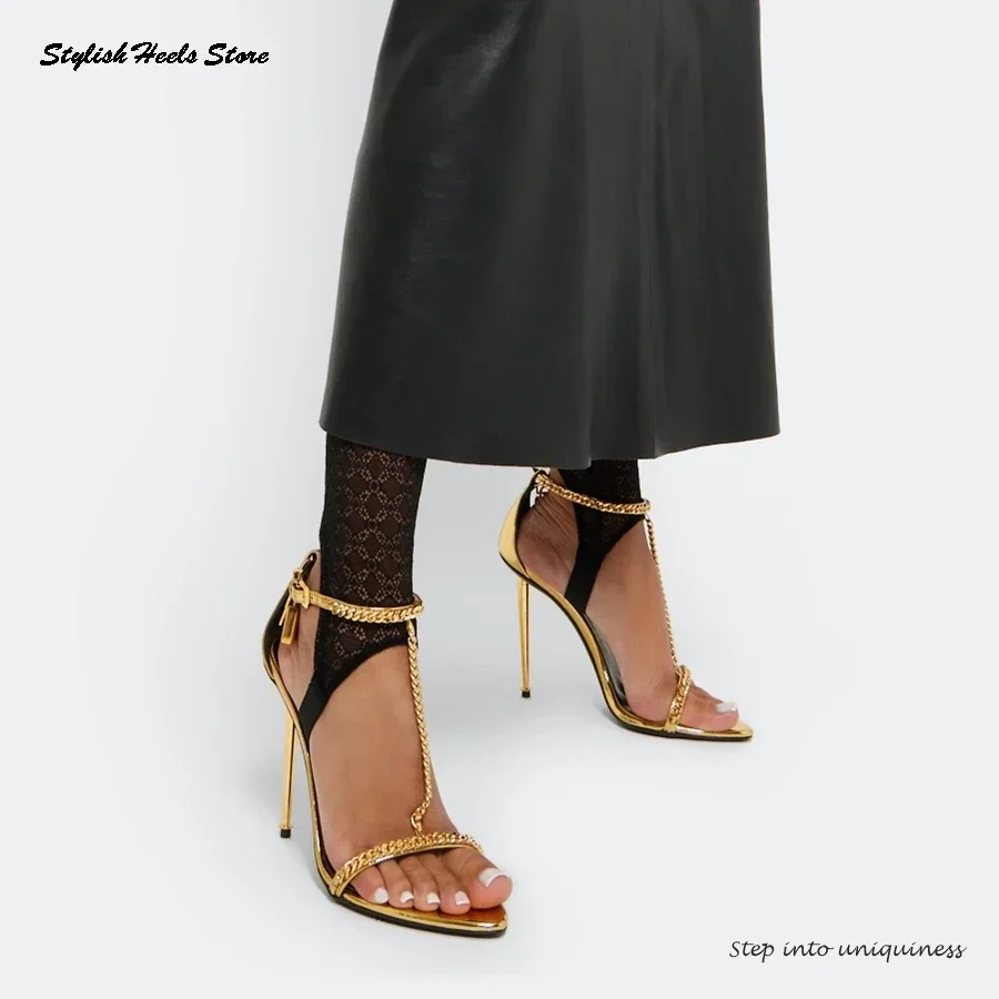 

Gold Padlock Chain Sandals Pointed Open Toe Metal-tone Thin Heels Elegant Women's Shoes Summer Buckle Strap Modern Stilettos