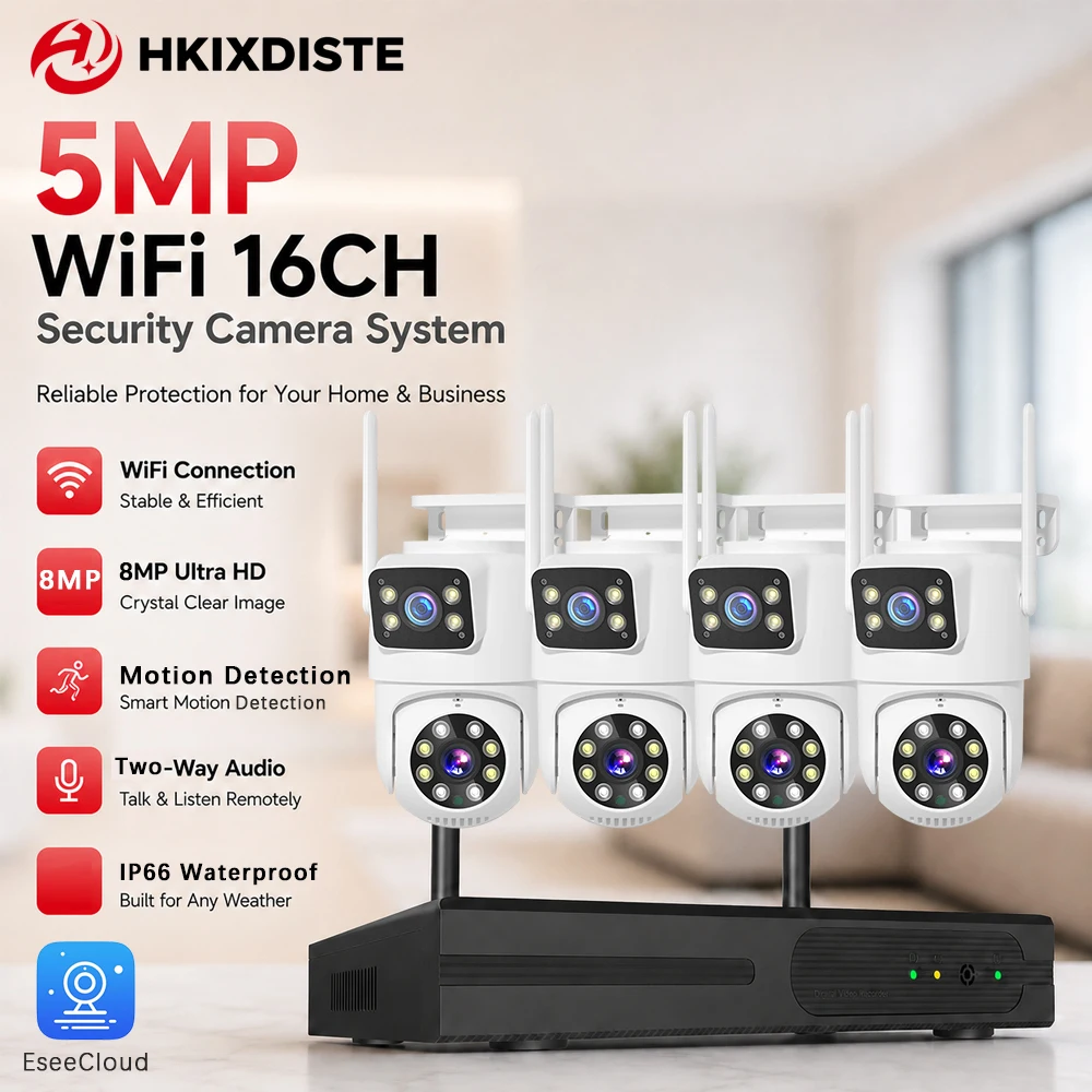 16CH 5MP WiFi NVR Security IP Camera System 4K 8MP Dual Lens PTZ Cameras Two Way Audio Motion Detection IP66 EseeCloud CCTV Kit