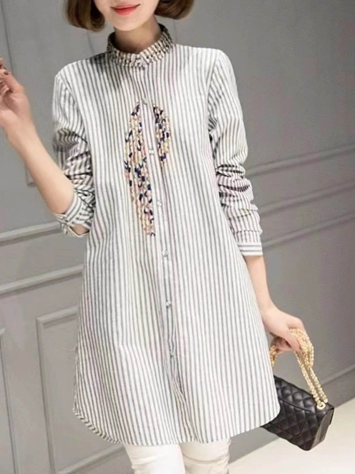 

Retro Striped Embroidered Cotton Loose Long Sleeve Shirt Spring Summer 2023 Fashionable Slimming Mid-Length Casual Shirt