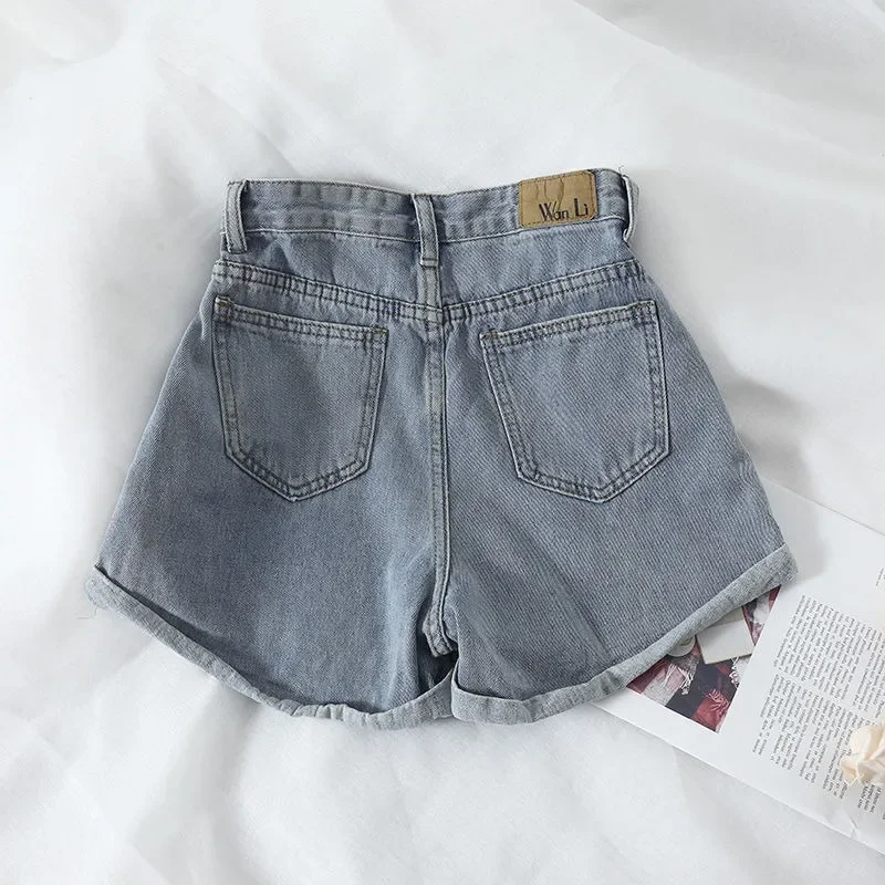 Shorts jeans de cintura alta feminino com punho, jeans curto que combina com tudo, streetwear casual, calça quente, novo, primavera, verão