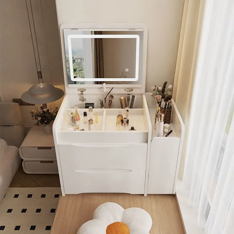 Foldable & Flip-Top White Makeup Desk with Mirror | Space-Saving Design for Small Bedrooms | Multifunctional Vanity Table