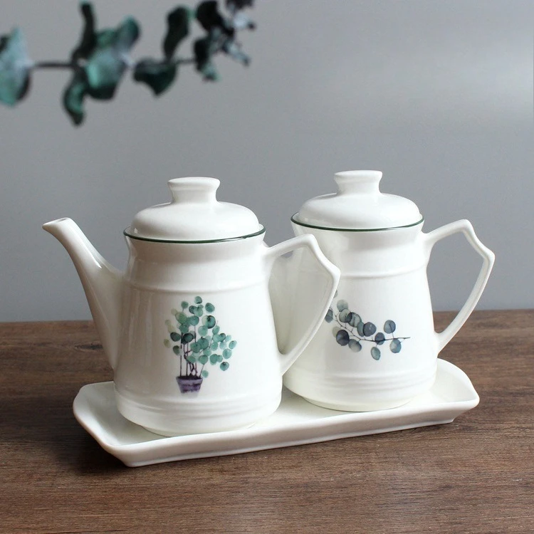 

Nordic Plant Ceramic Oil Bottle with Lid Kitchen Condiment Set Soy Sauce Vinegar Dispenser