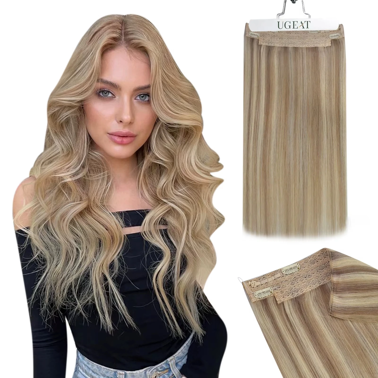 【new】ugeat-fish-line-hair-extensions-human-hair-natural-blonde-invisible-wire-hair-extensions-with-2-pieces-clip-in-human-hair