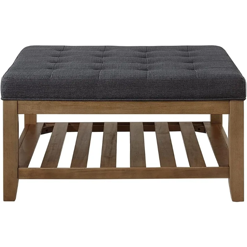 Large Square Upholstered Tufted Linen Coffee Table, Large Footrest with Solid Wood Shelf- Charcoal