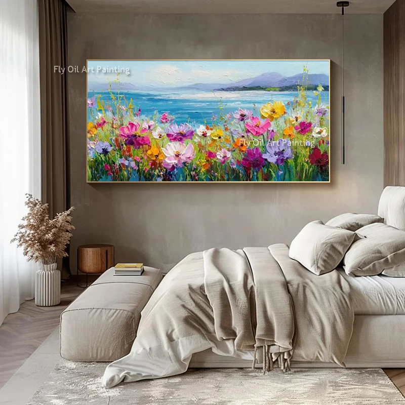 Red Pink Blooming Flowers By The Sea Landscape Oil Painting New Handmade Fashion Beige Green Beaches Home Wall Art Decor Items