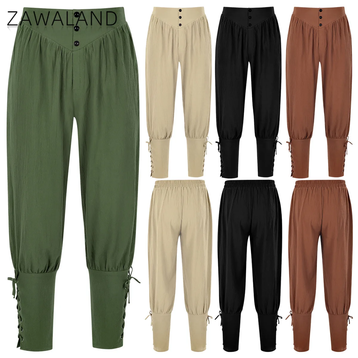 กางเกงขายาวแบบผูกเชือกสไตล์ยุคกลาง ชุดคอสเพลย์เรเนซองส์สำหรับผู้ใหญ่ สีพื้นเรียบง่าย กางเกงลำลองขายาว กางเกงแสดงละครโจรสลัด