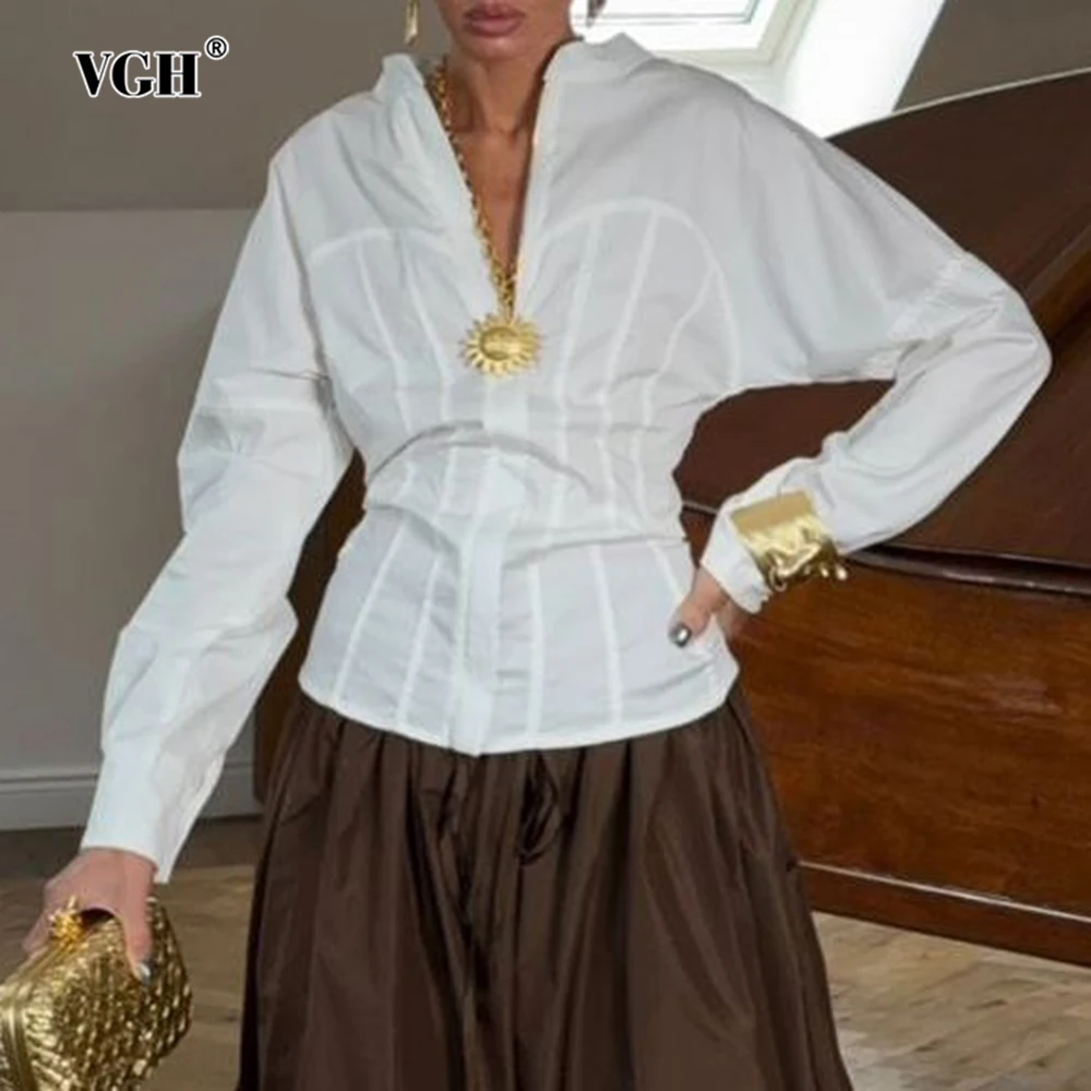 

VGH See Through Spliced Bandage Shirt for Women Stand Collar Long Sleeve Patchwork Bright Line Temperament Slim Blouse Female