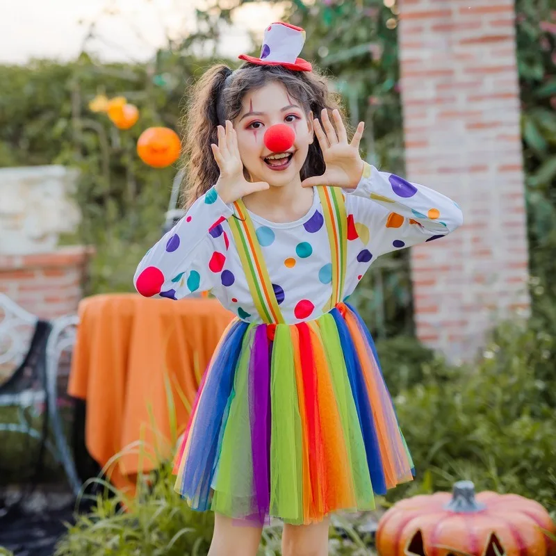 Halloween Cosplay Costume Clown Long Sleeve Digital Printed Mesh Dress Performance Party Role Playing Outfits for Girls