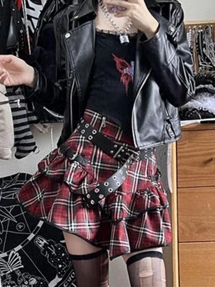 DemoRave Fashion Streetwear Gothic Y2k Red Plaid Skirt Women Harajuku Emo E-girl High Waist Cake Skirt Fairycore Grunge Clubwear