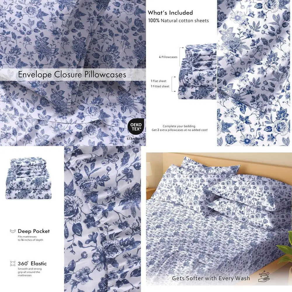 

Queen Size Cotton Bed Sheets - 100% Natural, Soft, Lightweight & Breathable Percale, 16 Deep Pockets, Wild Flower Pattern