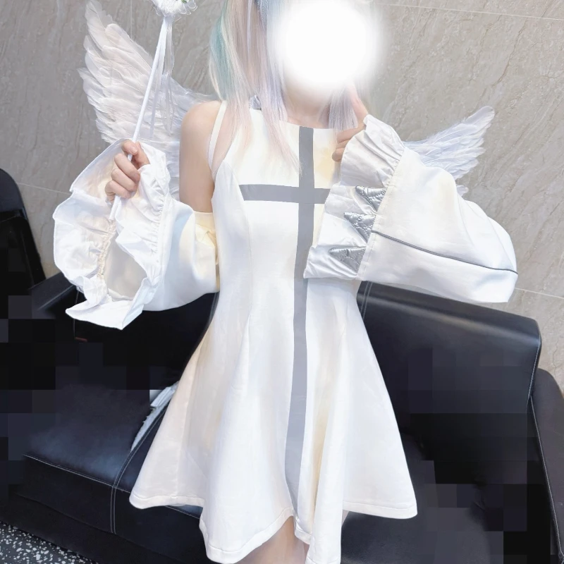 

Japanese Mine Series SC Dresses Three-Dimensional Waist-Cinching Reflective Cross Sleeveless Hooded Mechanical Style Dress Women