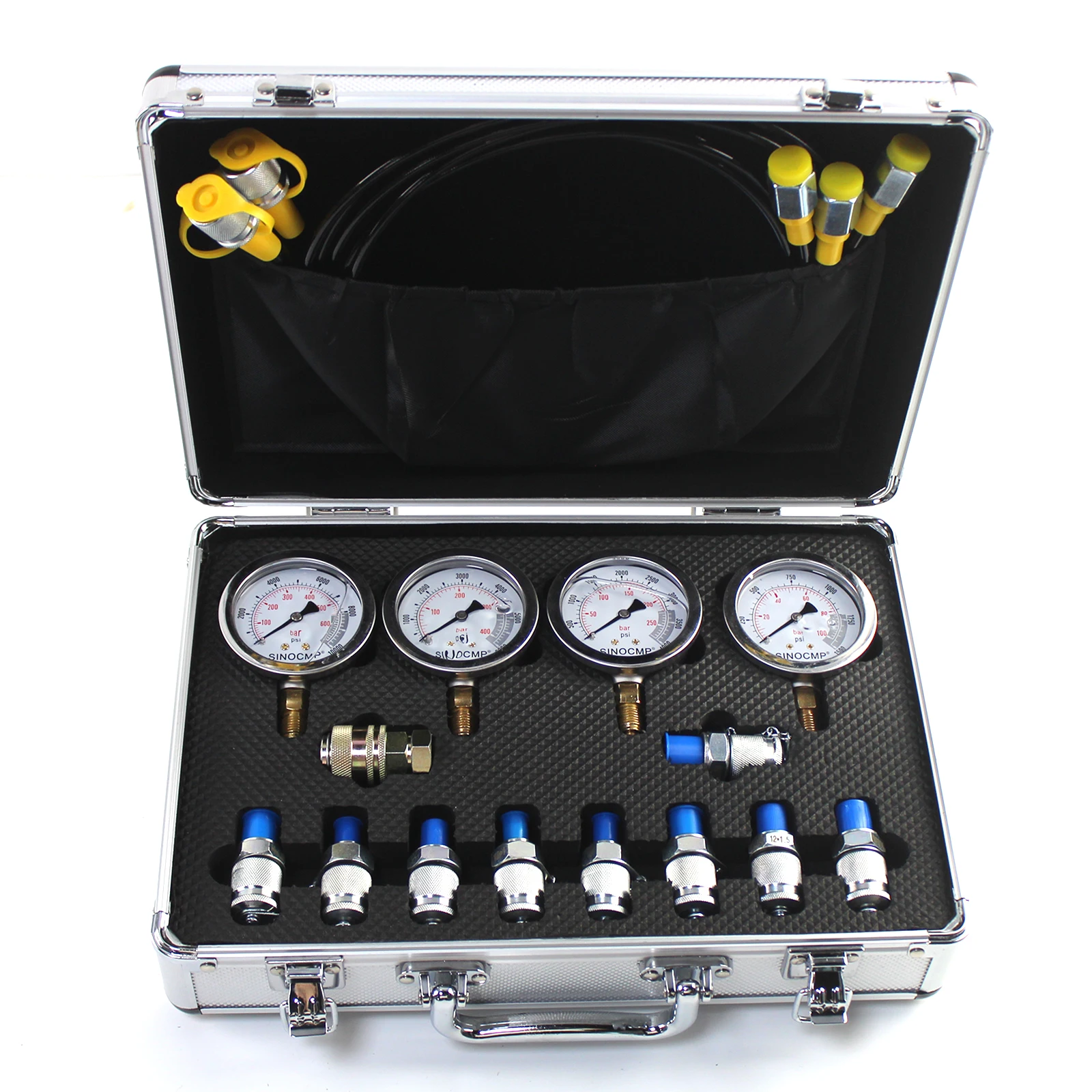 

Hydraulic Pressure Test Gauge Kit For CAT/CASE/John Deere Excavator w/ 4 Gauges 10/25/40/60Mpa & Silver Alloy Case Pressure Set