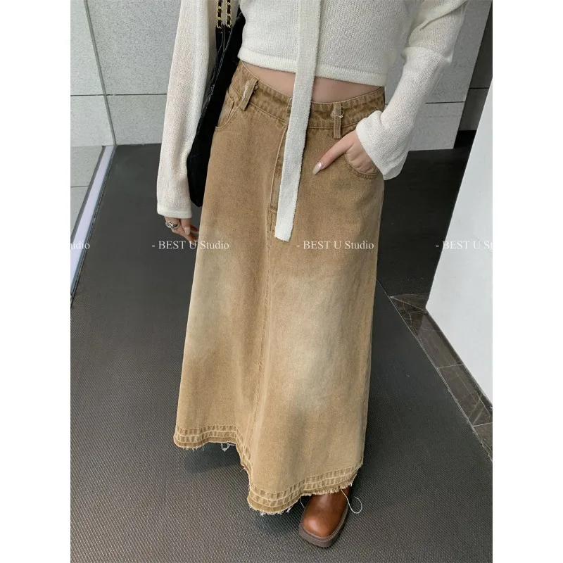 Ginger American Retro Fur Edge Ankle Length Denim Fabric Skirt Girl Spring Summer High Waist Pear Shape Figure A-line Half Dress