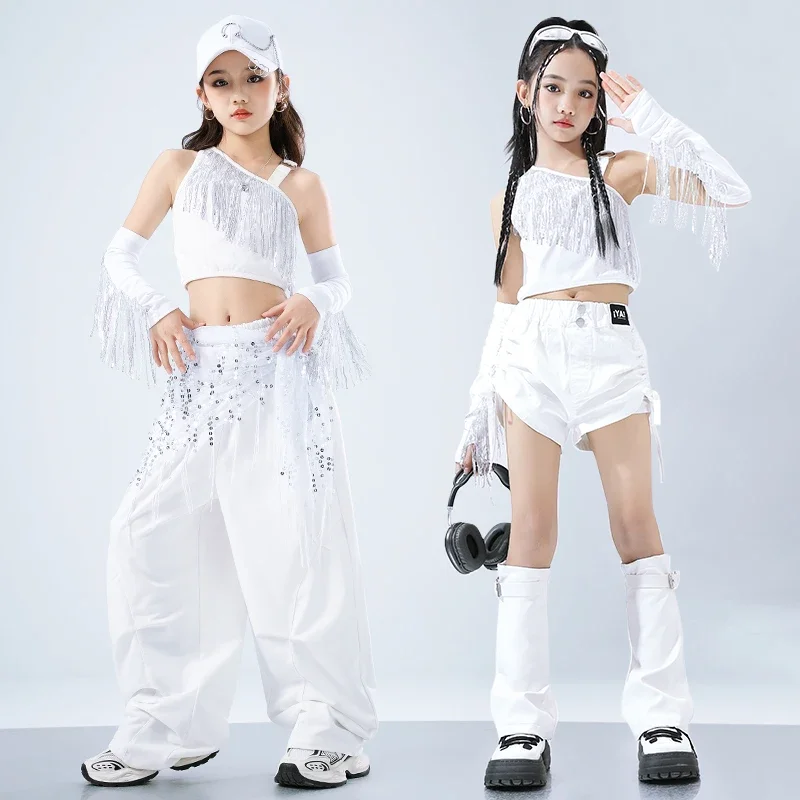 Teen Hip Hop Kids Tassels Sequined Tops Street Dance Cargo Pants Girls Streetwear Children Jazz Costume Stage Shorts Clothes Set