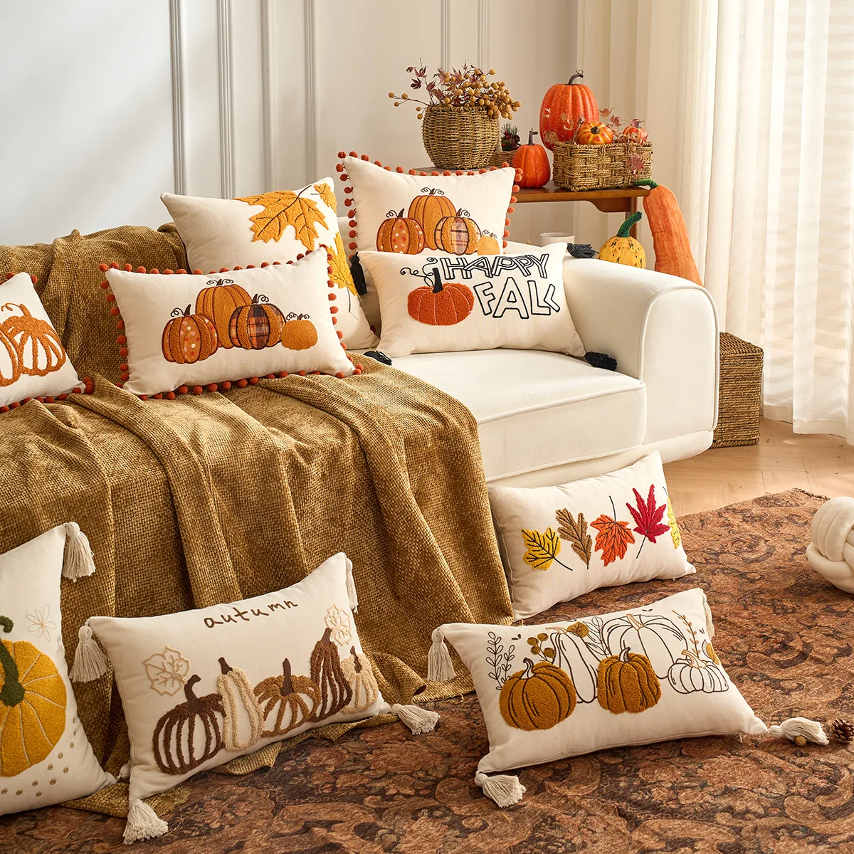 

Autumn Thanksgiving Cushion Cover Pumpkin Embroidery Cotton Canvas Pillow Case with Pompom Fringe Fall Home Decor for Sofa Bed
