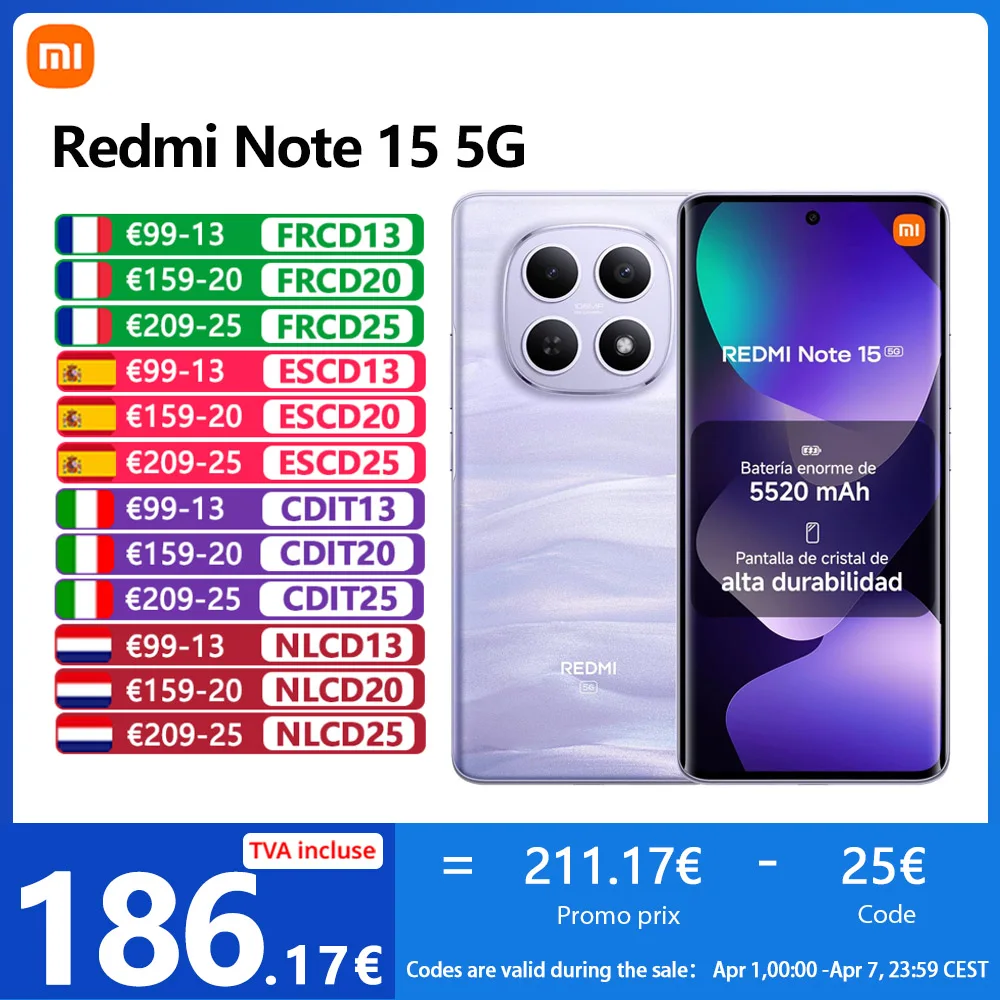 Xiaomi Redmi Note 15 5G, NFC, Pantalla AMOLED FHD de 6,77'', 120 Hz, Cámara de 108 MP, Batería de 5520 mAh, IP65